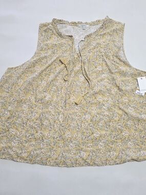 ANGELS Women's Sleeveless V-Neck Blouse Shirt Yellow/Gray Floral, size 3X.